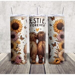 Hand Crafted Besties Forever Floral Highland Cow Tumbler